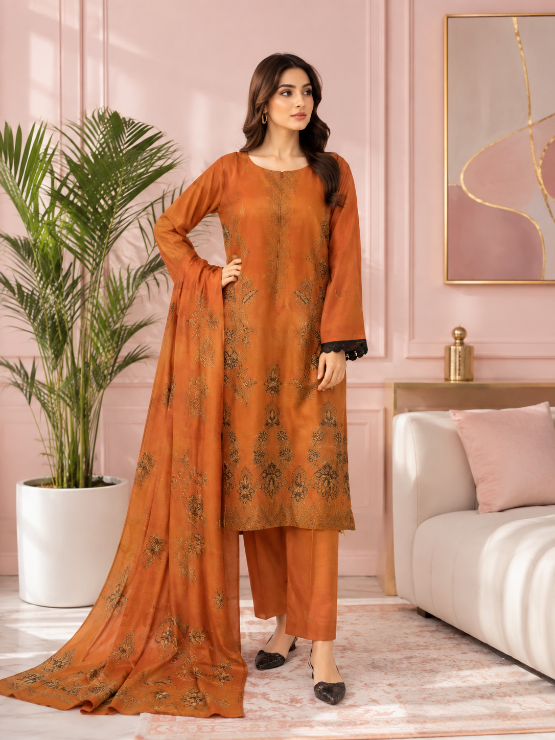 Elegant Rust Orange Embroidered 3-Piece Suit
