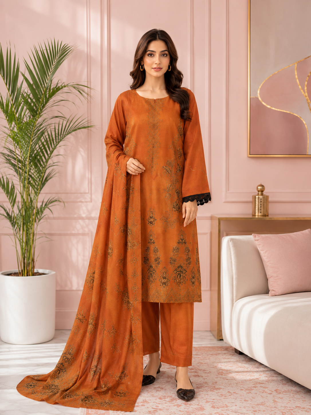 Elegant Rust Orange Embroidered 3-Piece Suit