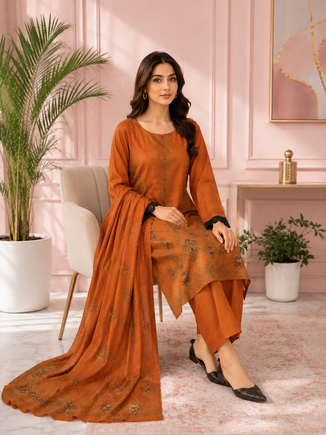 Elegant Rust Orange Embroidered 3-Piece Suit