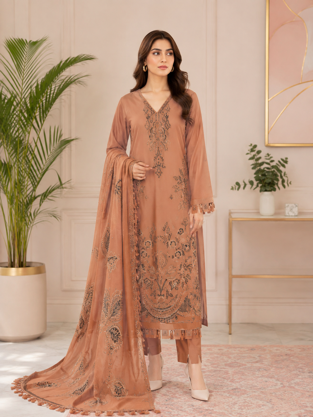 Elegant Peach Embroidered 3-Piece Suit