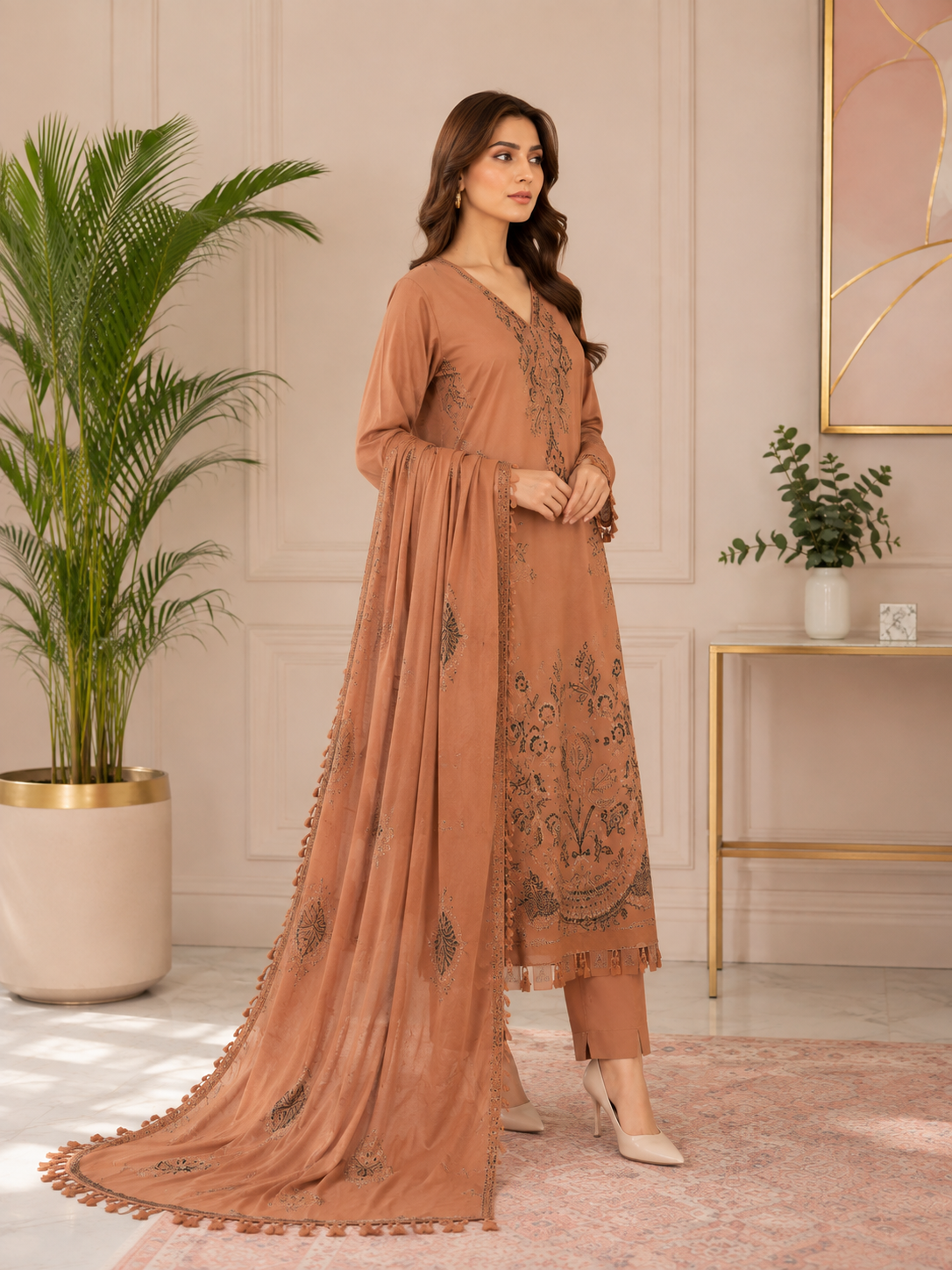 Elegant Peach Embroidered 3-Piece Suit