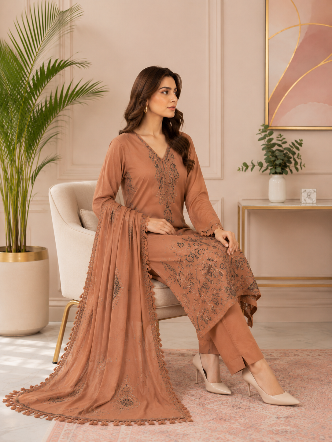 Elegant Peach Embroidered 3-Piece Suit