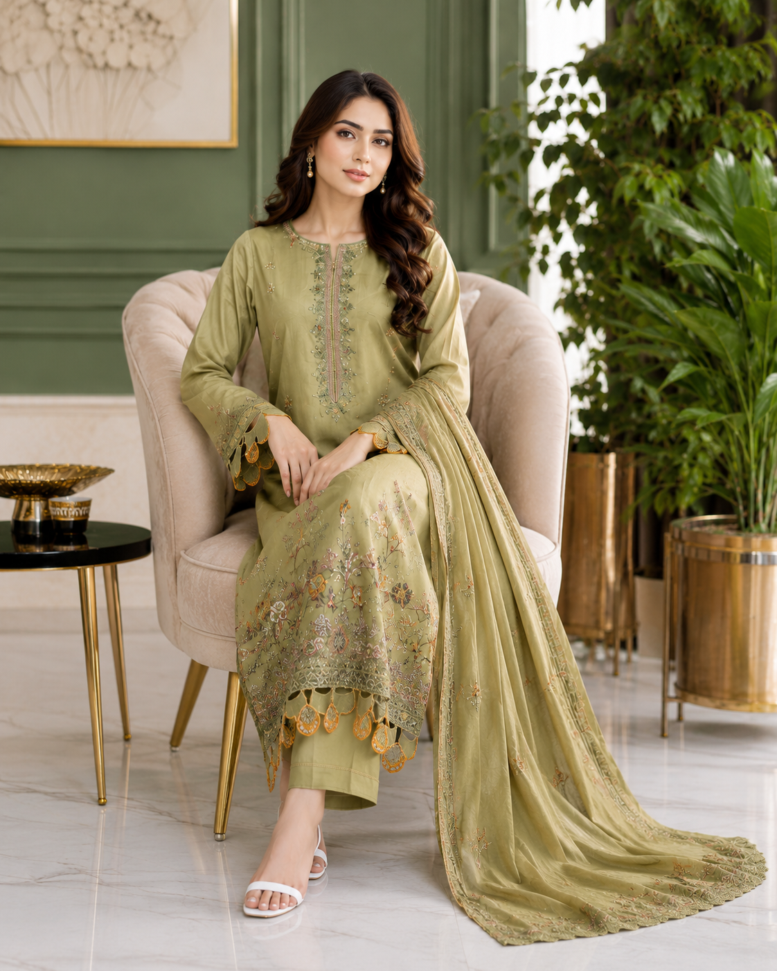 Elegant Sage Green Embroidered 3-Piece Suit