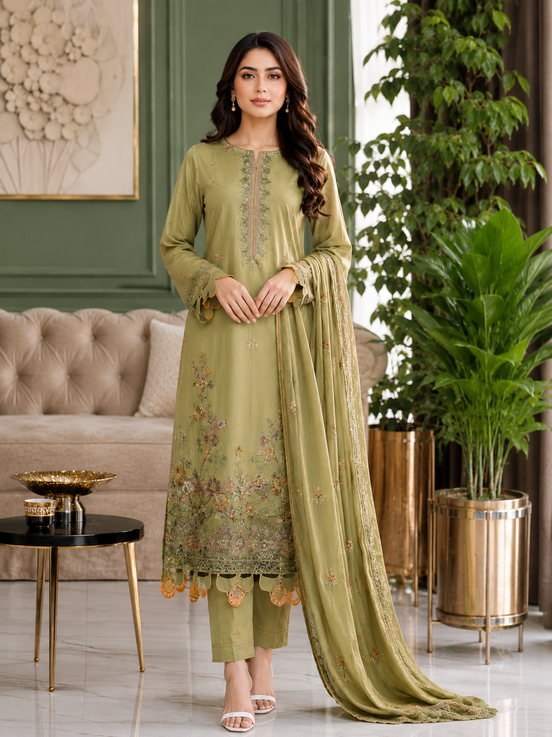 Elegant Sage Green Embroidered 3-Piece Suit