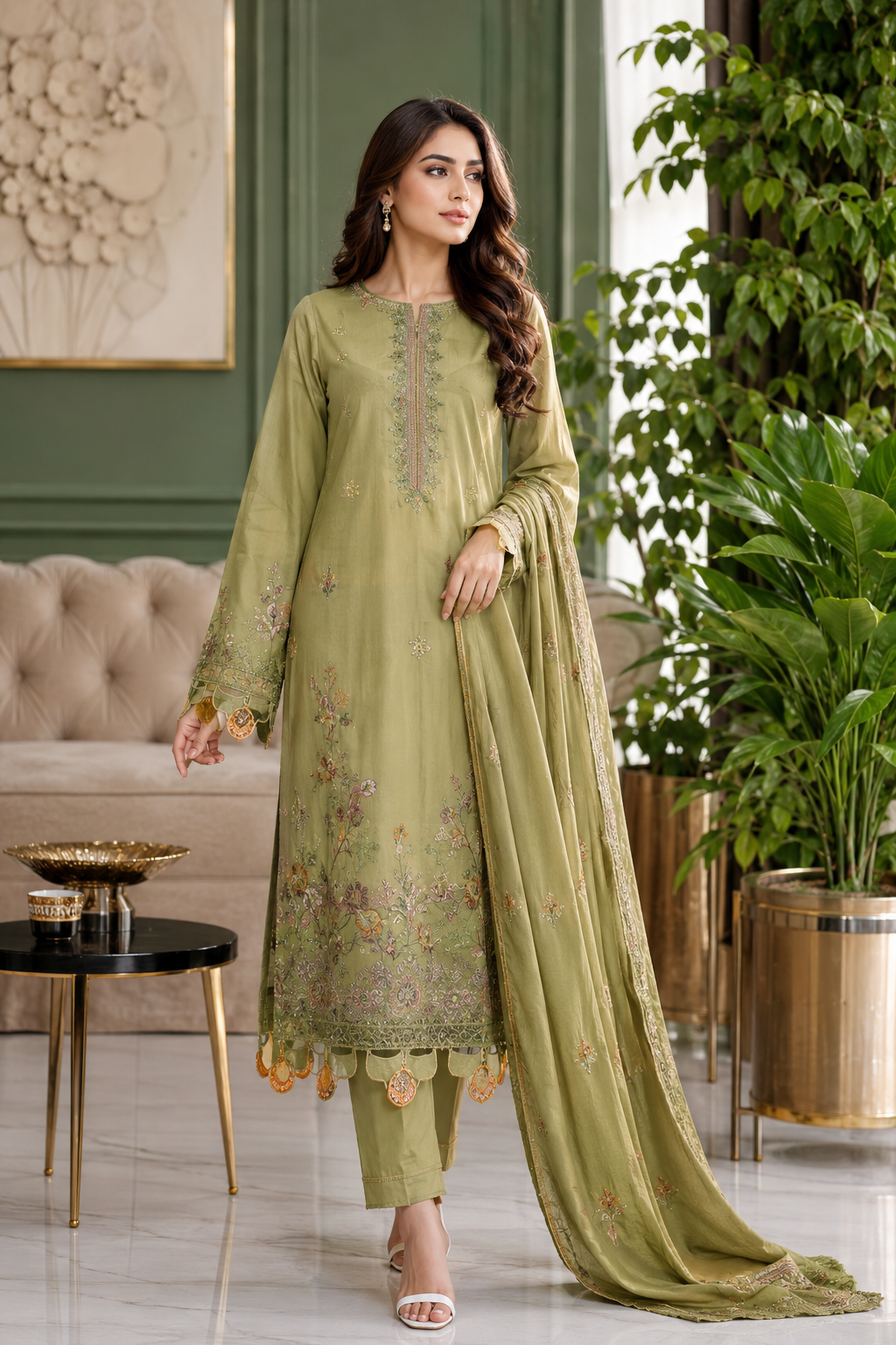 Elegant Sage Green Embroidered 3-Piece Suit