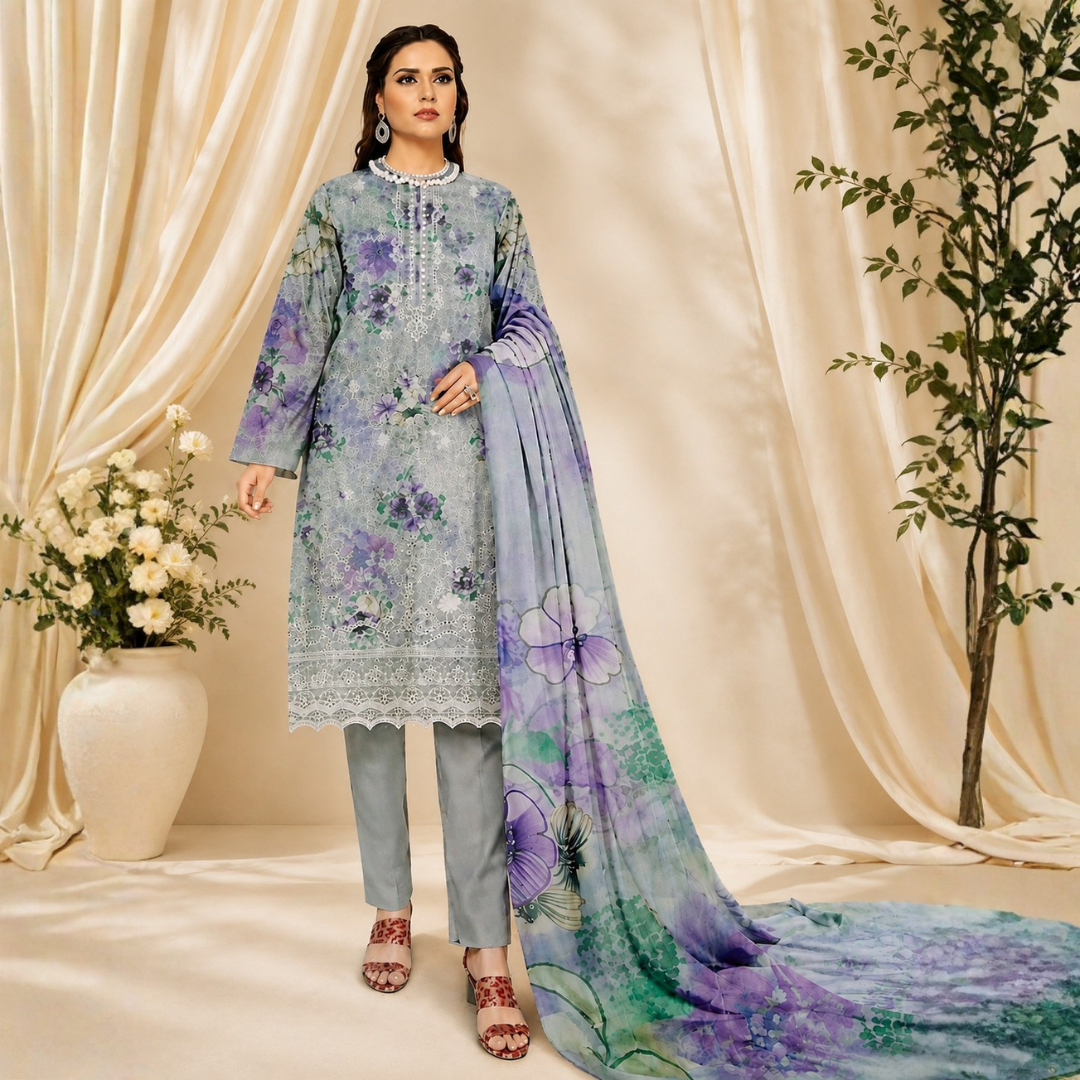 Sapphire Printed Lawn 3-Piece Suit – Elegant Floral Collection