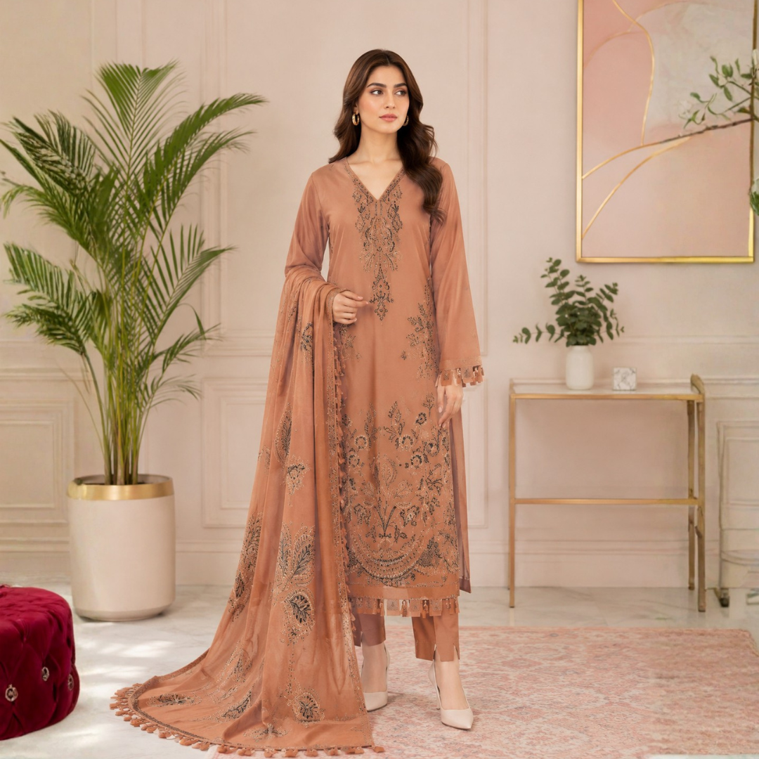 Elegant Peach Embroidered 3-Piece Suit