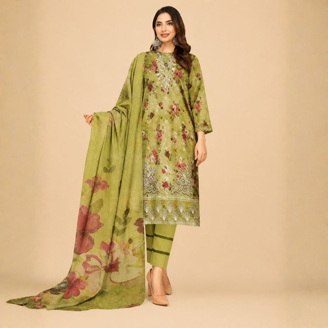 Elegant Olive Green Floral Printed 3-Piece Suit