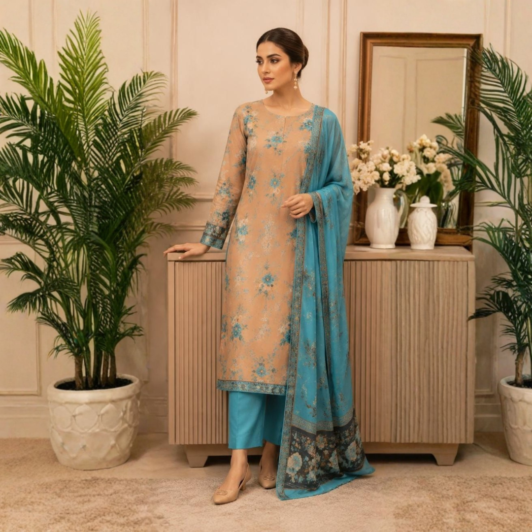 Elegant Turquoise Blue & Beige Printed 3-Piece Suit
