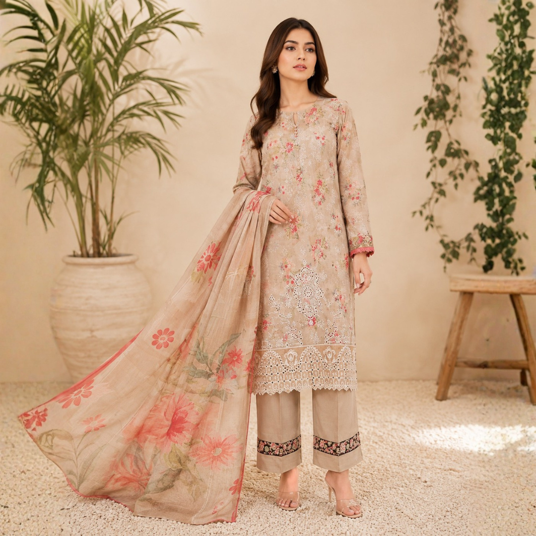 Printed Lawn 3-Piece Suit – Elegant Floral Print
