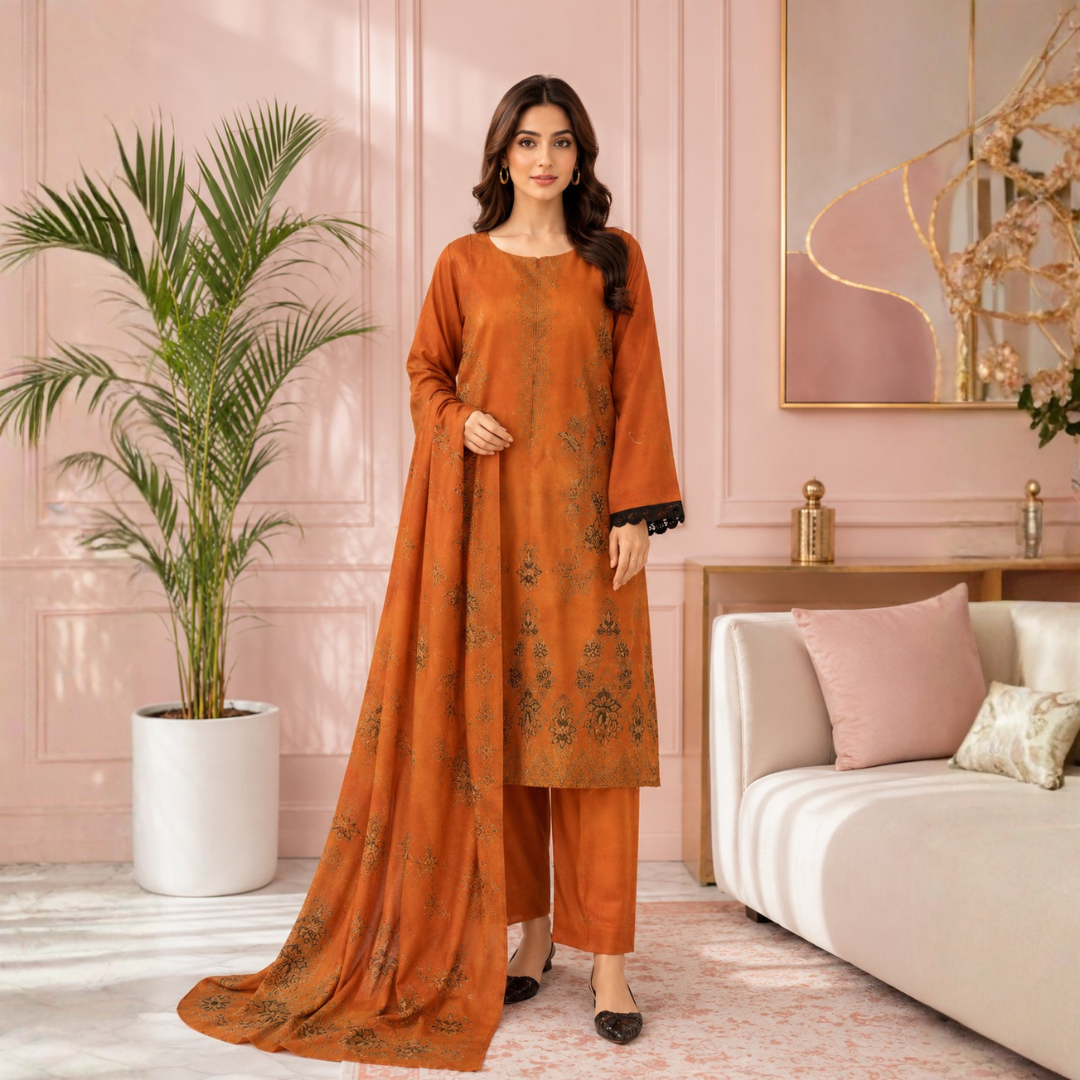 Elegant Rust Orange Embroidered 3-Piece Suit