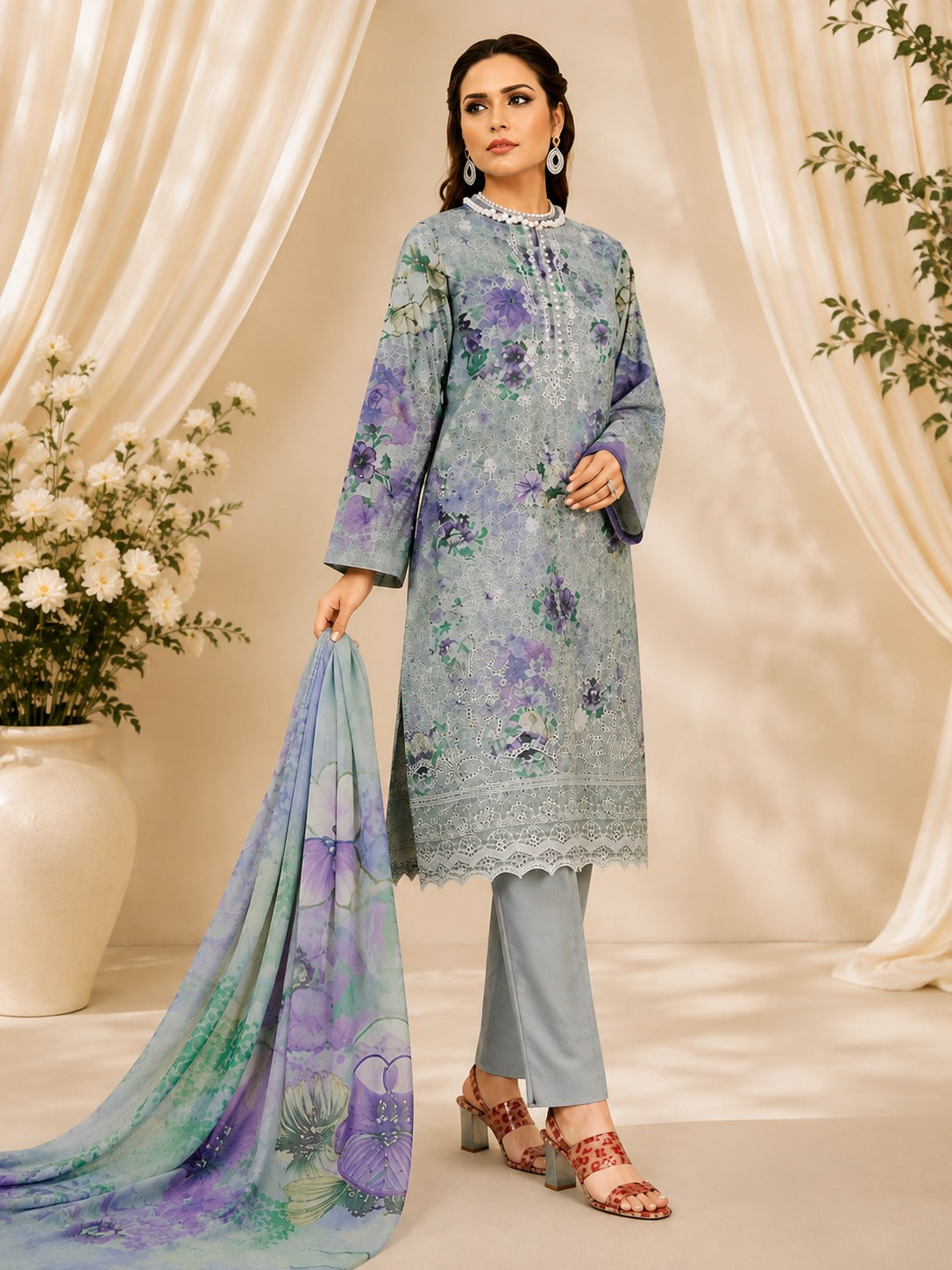 Sapphire Printed Lawn 3-Piece Suit – Elegant Floral Collection
