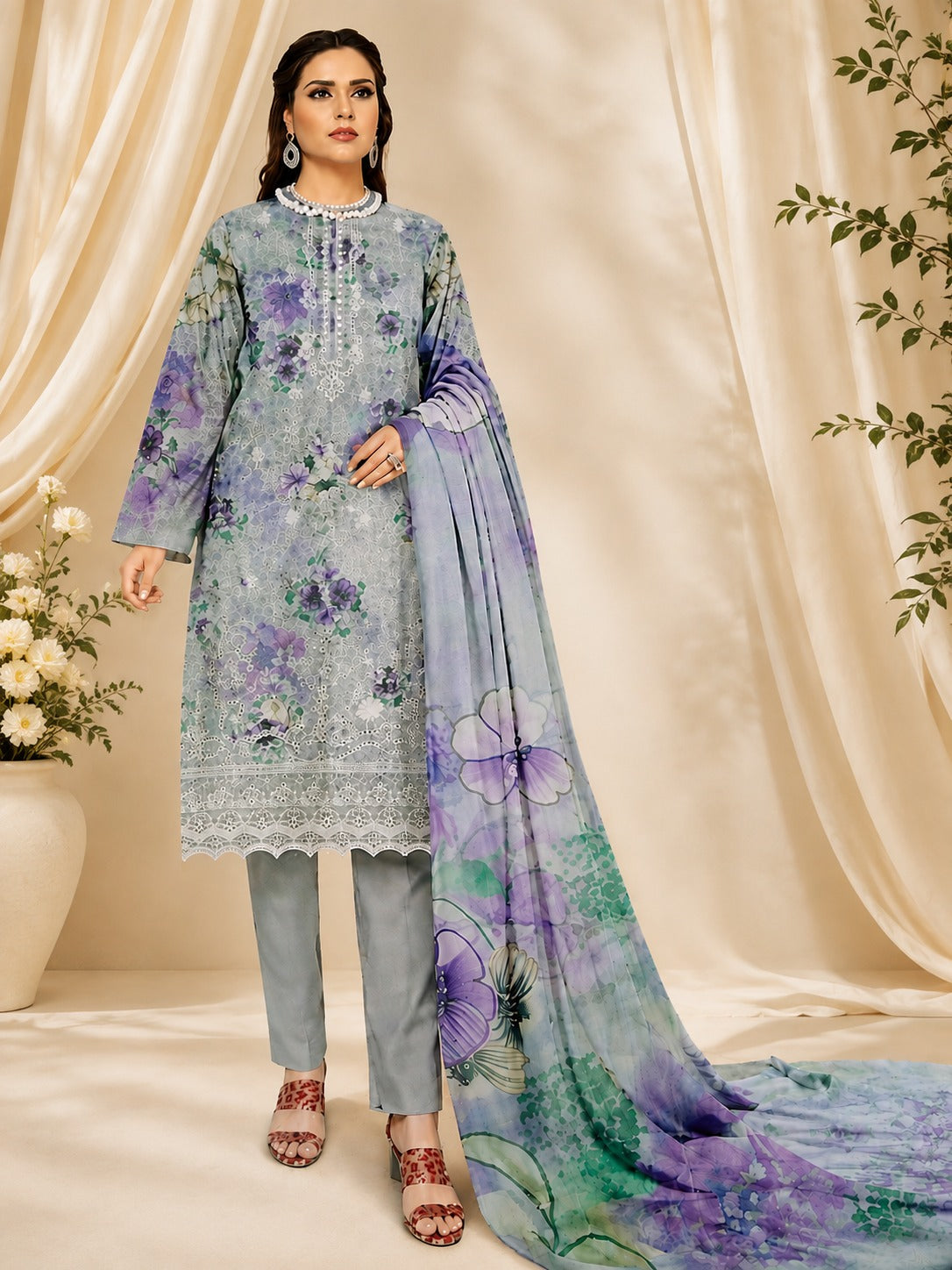 Sapphire Printed Lawn 3-Piece Suit – Elegant Floral Collection