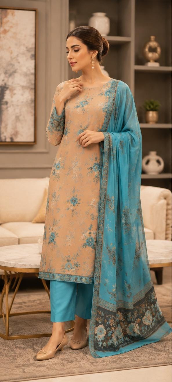 Elegant Turquoise Blue & Beige Printed 3-Piece Suit