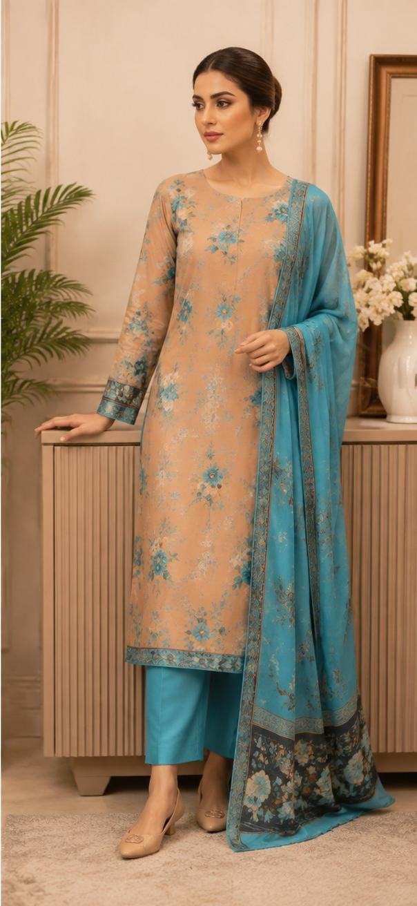Elegant Turquoise Blue & Beige Printed 3-Piece Suit