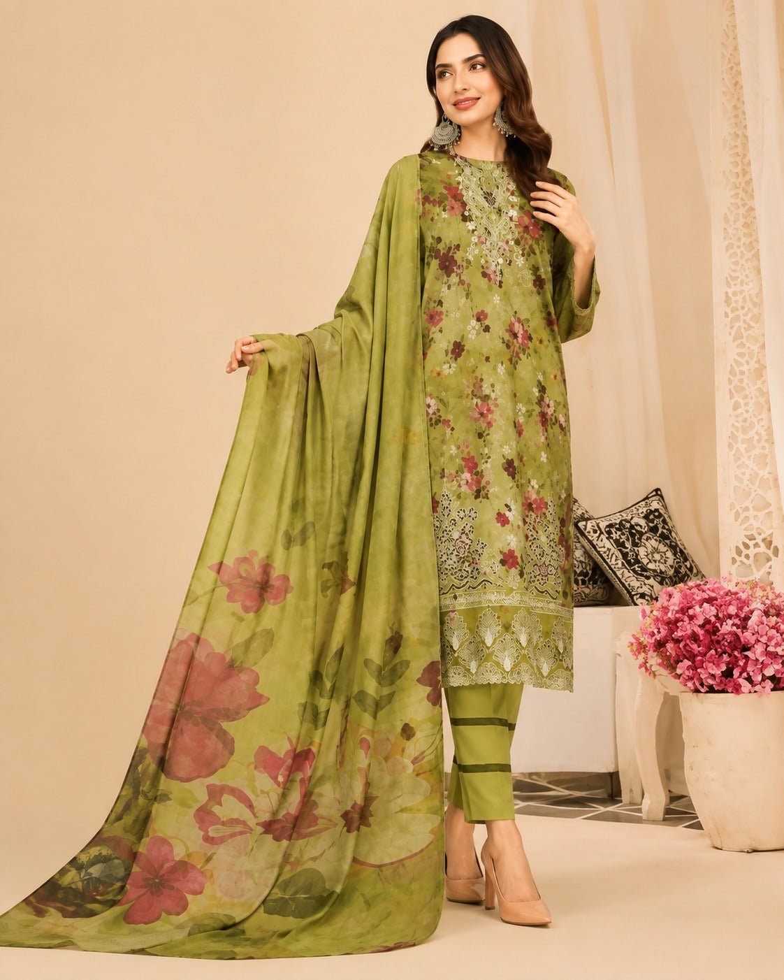 Elegant Olive Green Floral Printed 3-Piece Suit