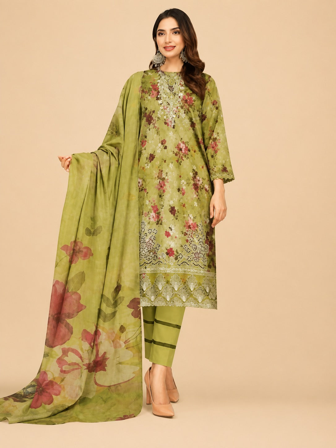 Elegant Olive Green Floral Printed 3-Piece Suit