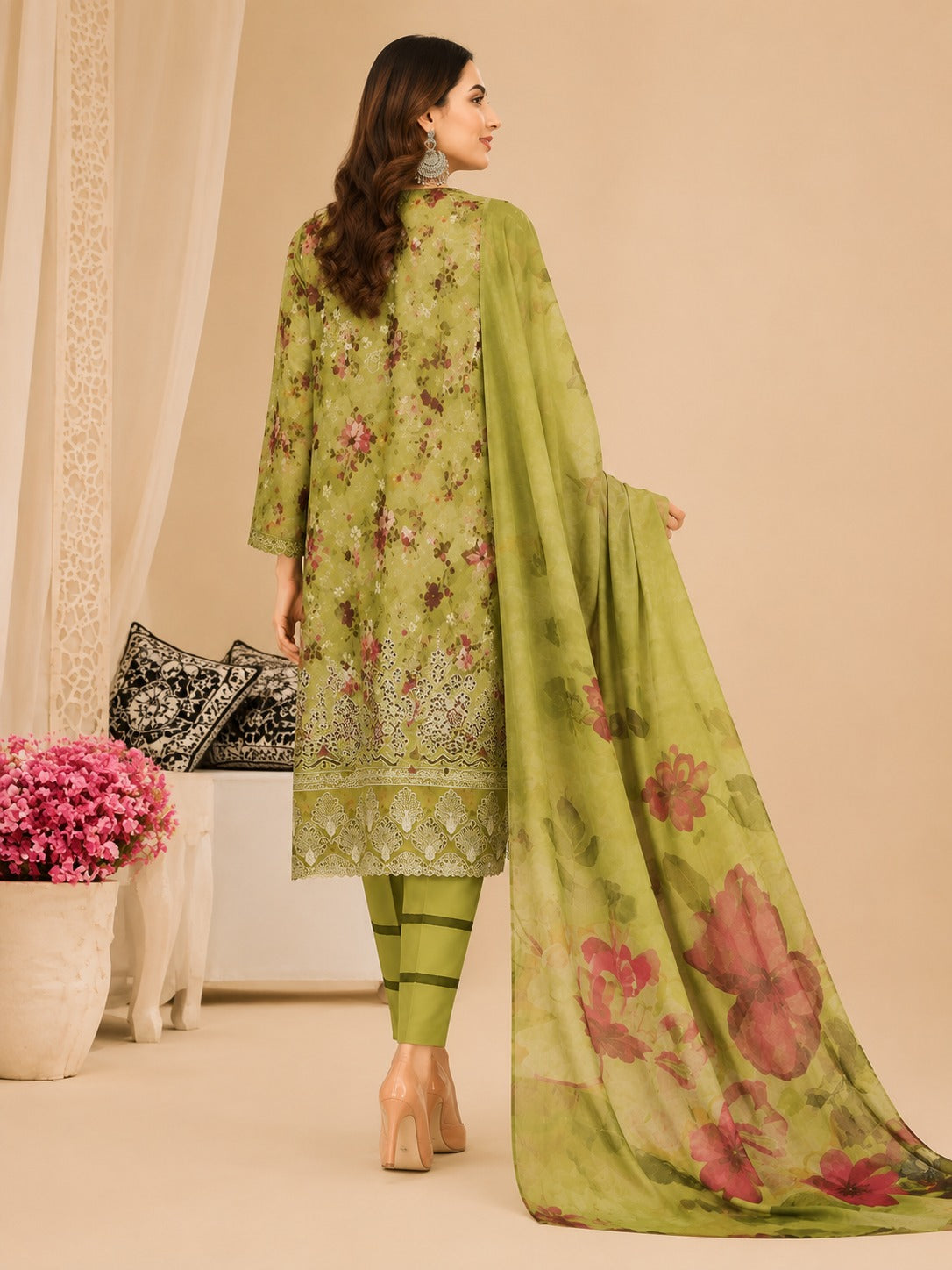 Elegant Olive Green Floral Printed 3-Piece Suit