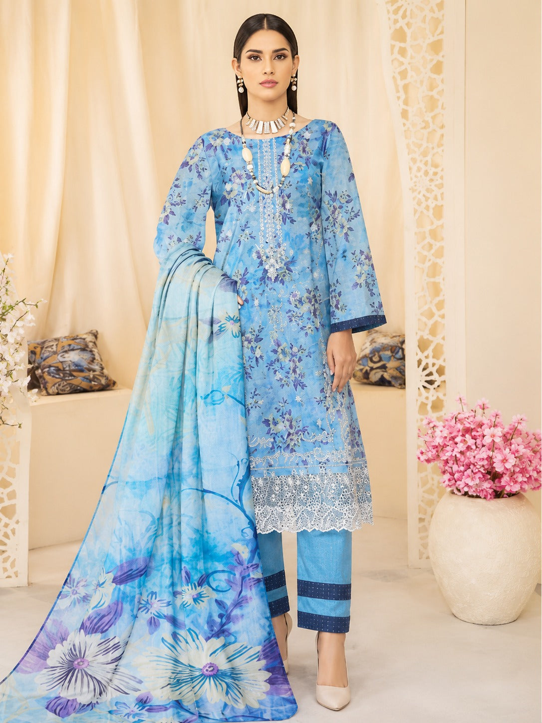 Elegant Blue Floral Printed 3-Piece Suit