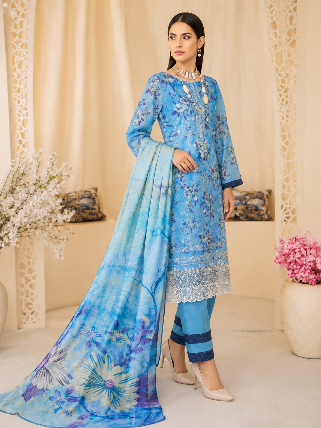 Elegant Blue Floral Printed 3-Piece Suit