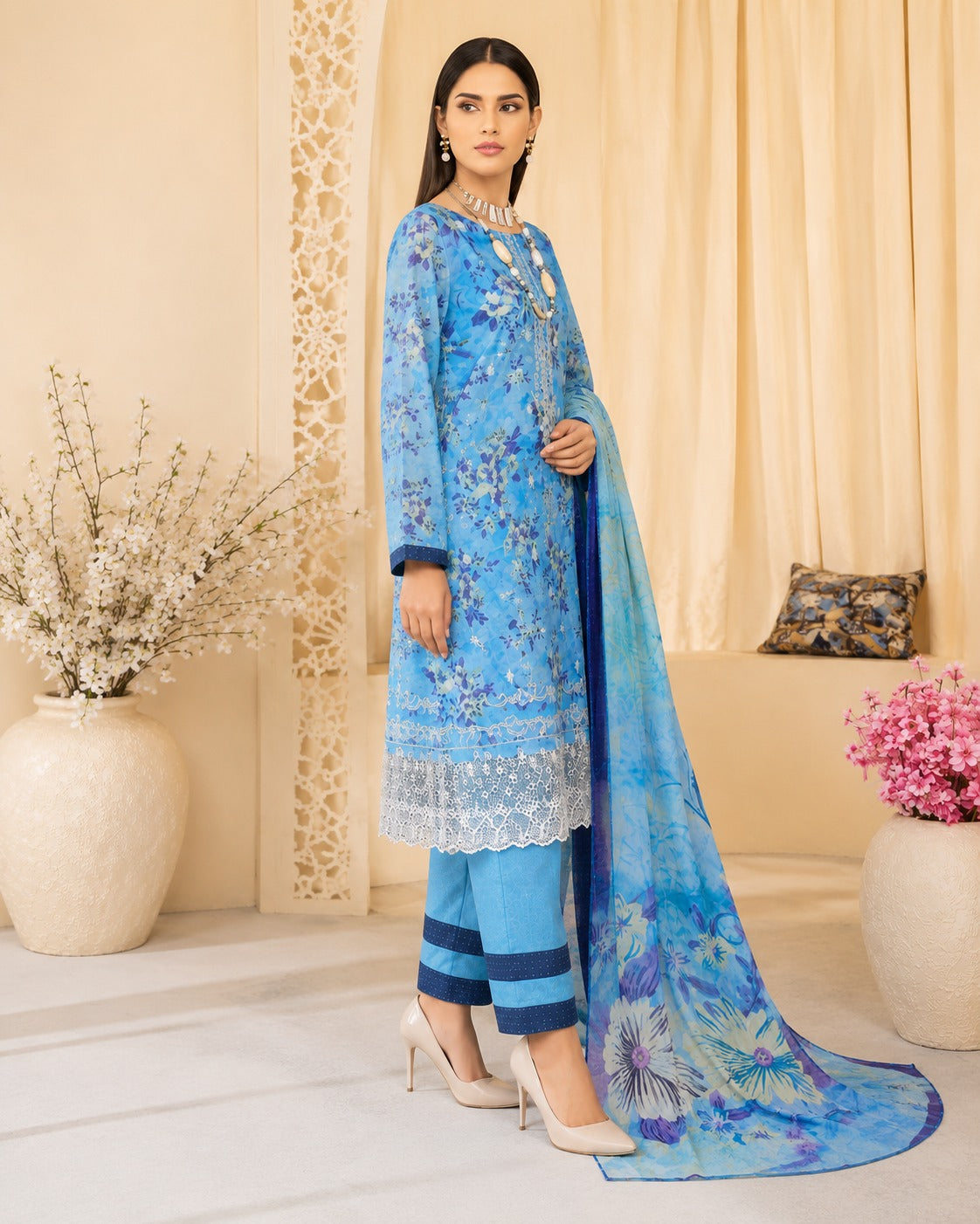 Elegant Blue Floral Printed 3-Piece Suit
